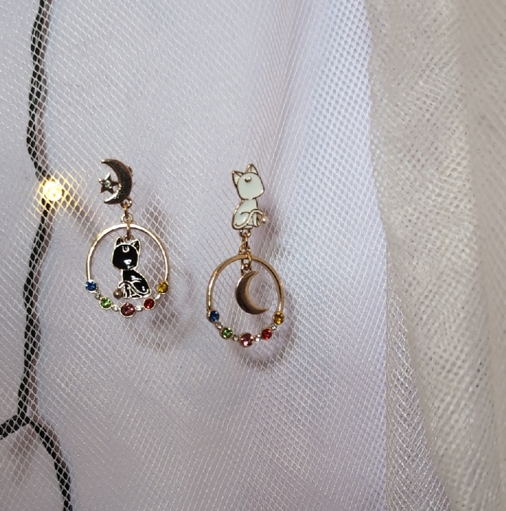 Elegant Cat and Moon Earrings with Multicolor Accents